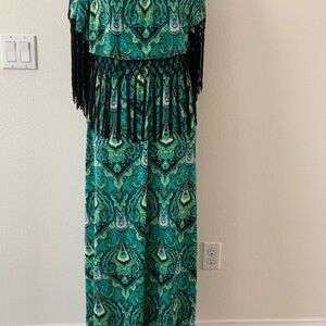 Green Patterned Maxi Dress with Fringe